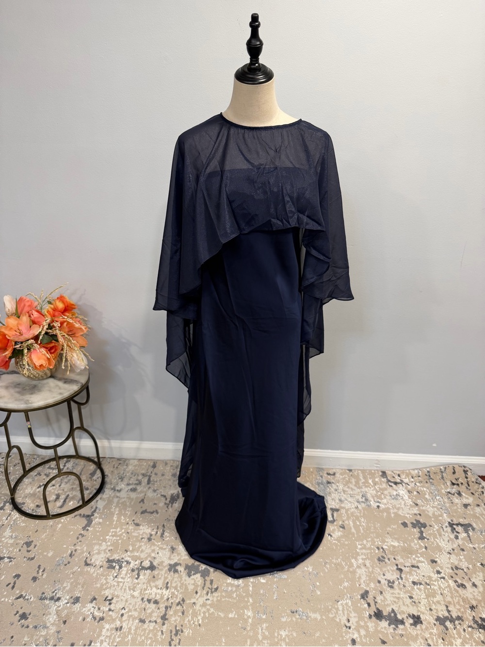 Camila Coelho Elegant Navy Cape-Overlay Evening Dress - Size Large